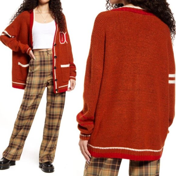 NEW Nordstrom 2022 Varsity Cardigan Rust Brown Oversized Chunky Knit Size Large - Picture 2 of 14